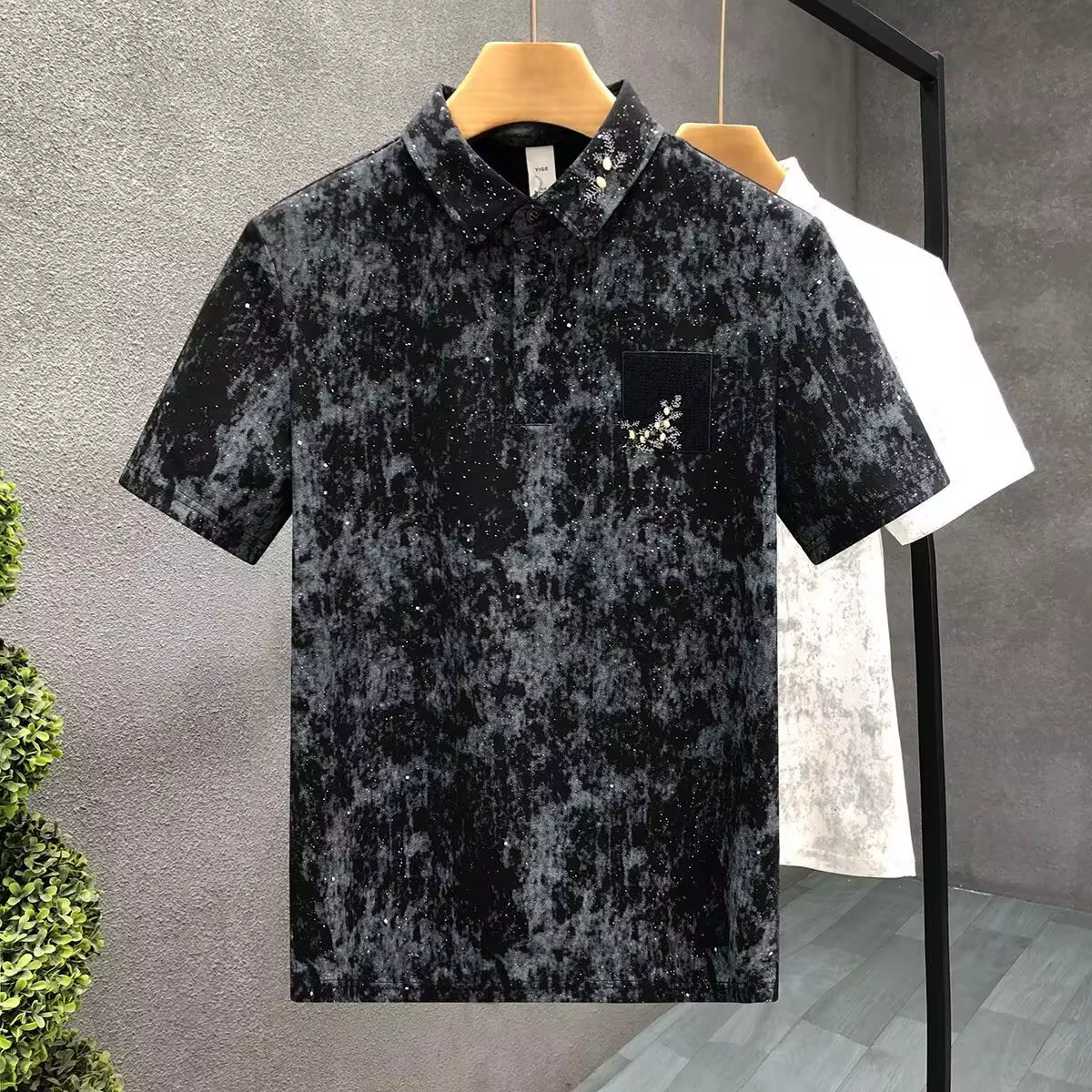 Polo pleine d'étoiles pour hommes, broderie de diamants, manches courtes, personnalisé, teinture par