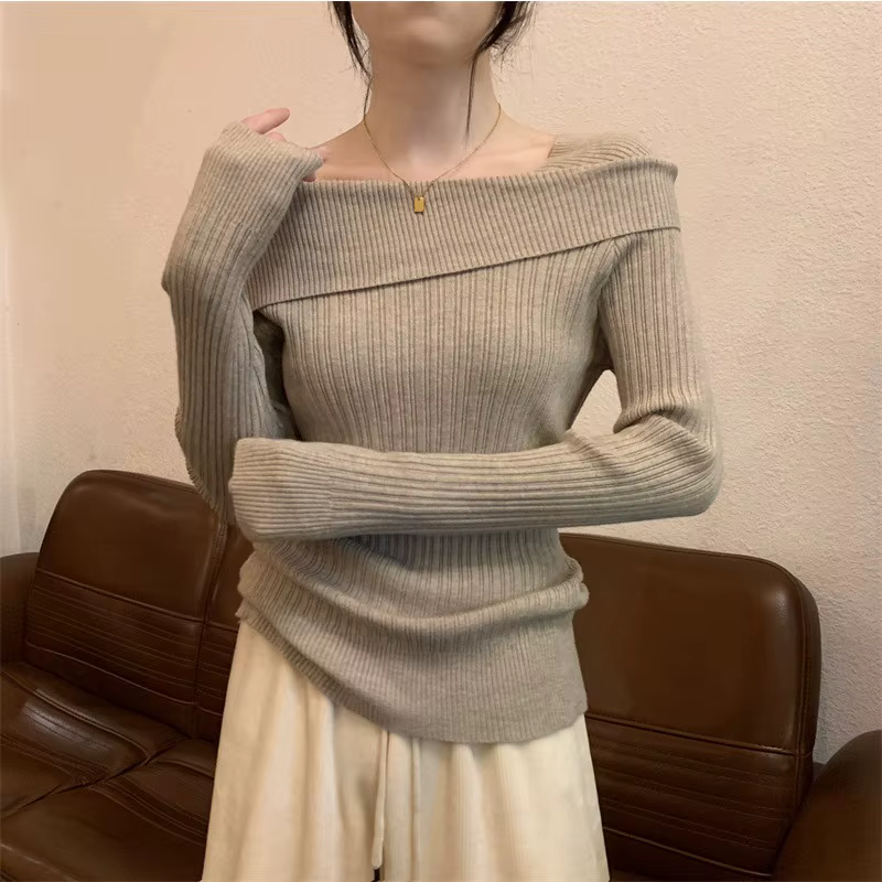 Solide Sexy mince épaules dénudées Slash cou à manches longues tricot pull femmes pulls bureau mode