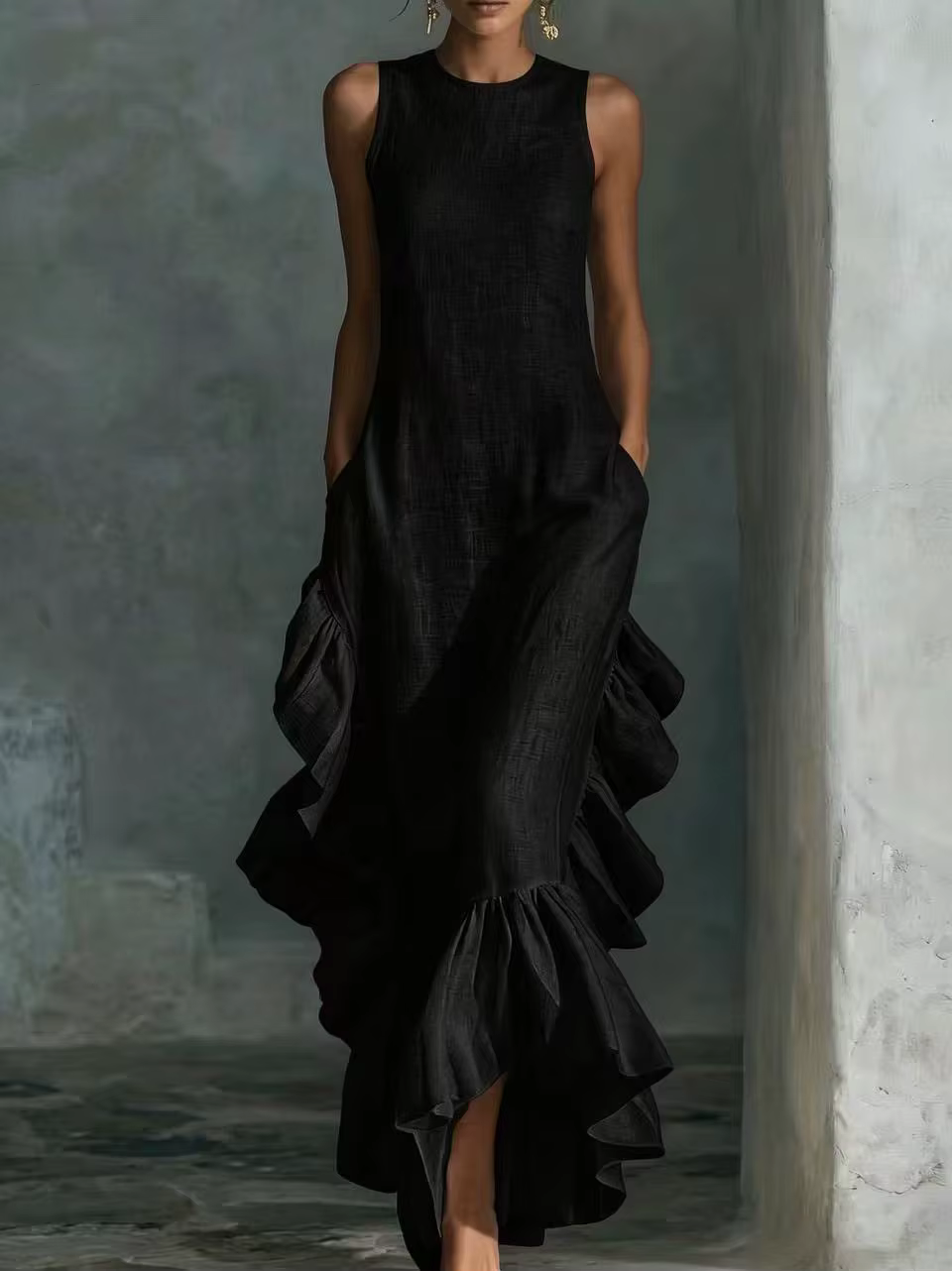 Robe à volants pour femmes, sans manches, col rond uni, style décontracté d'été, vintage, bohème, am