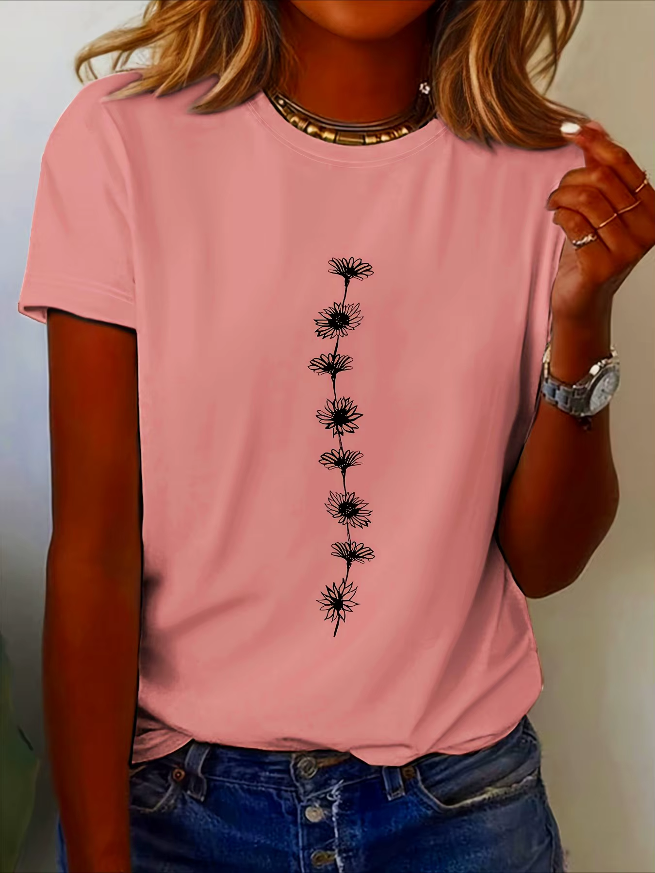 T-Shirt décontracté imprimé tournesol pour femmes, haut à manches courtes et col rond, parfait pour