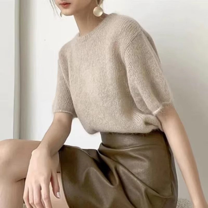 Tricots à manches courtes et col rond pour femmes, pulls décontractés, simple, tout match, paresseux