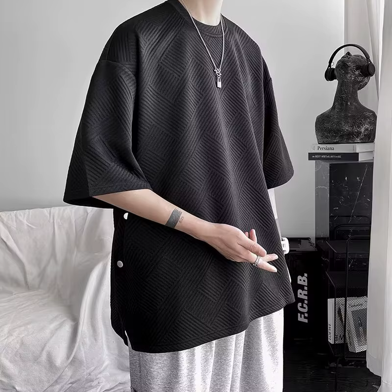 T-shirt ample à manches courtes pour homme, design tendance, avec fente et boutons, nouveau style dé