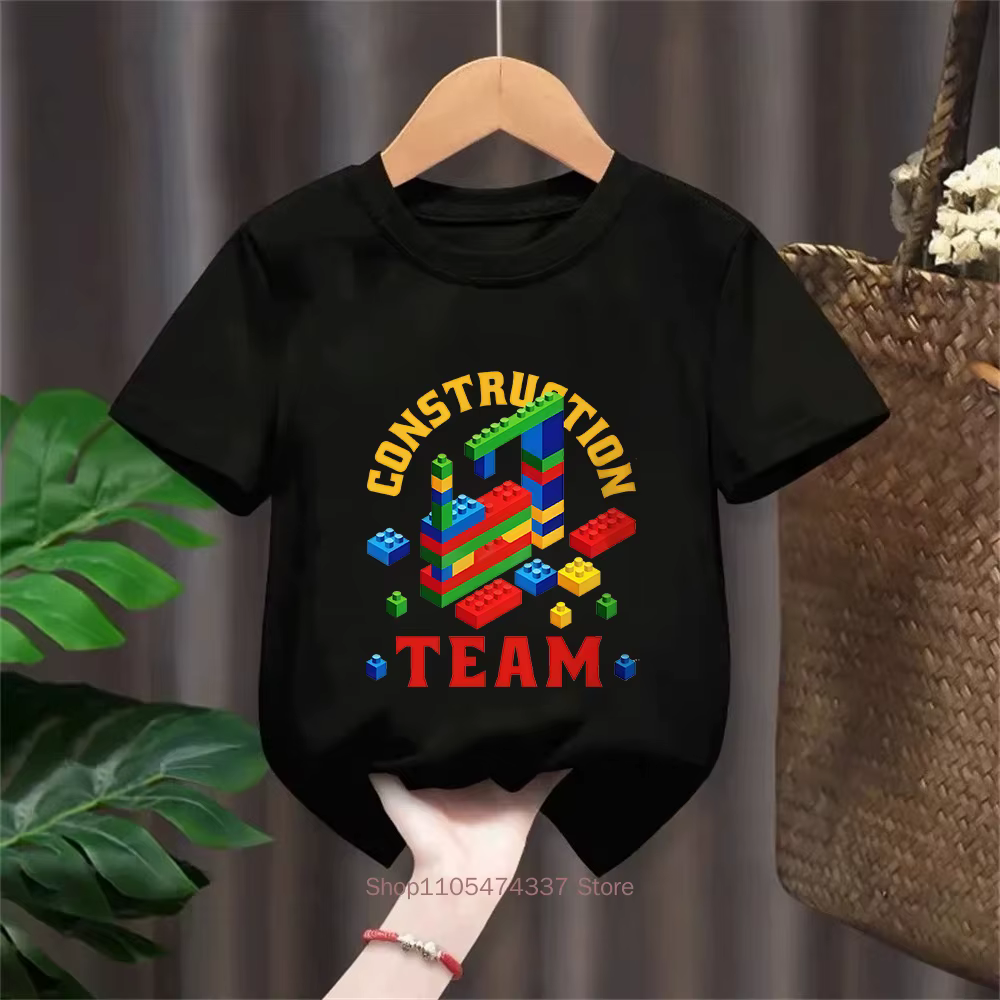 T-shirt en coton pour enfants, motif blocs de construction, DIY, briques, jouets, Lego