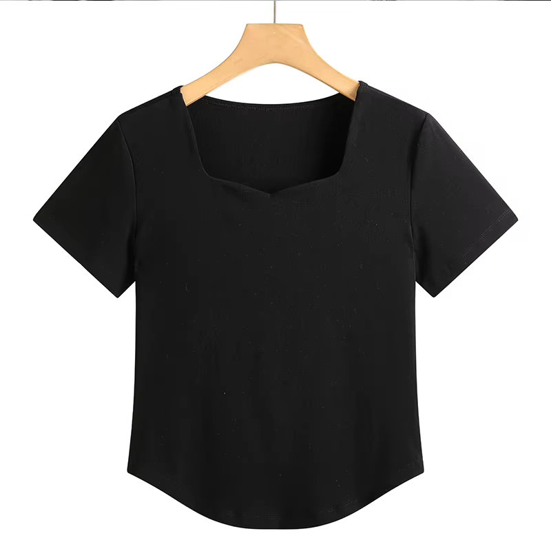 T-Shirt manches courtes col carré pour femmes, couleur unie, en coton, coupe cintrée, respirant, pur