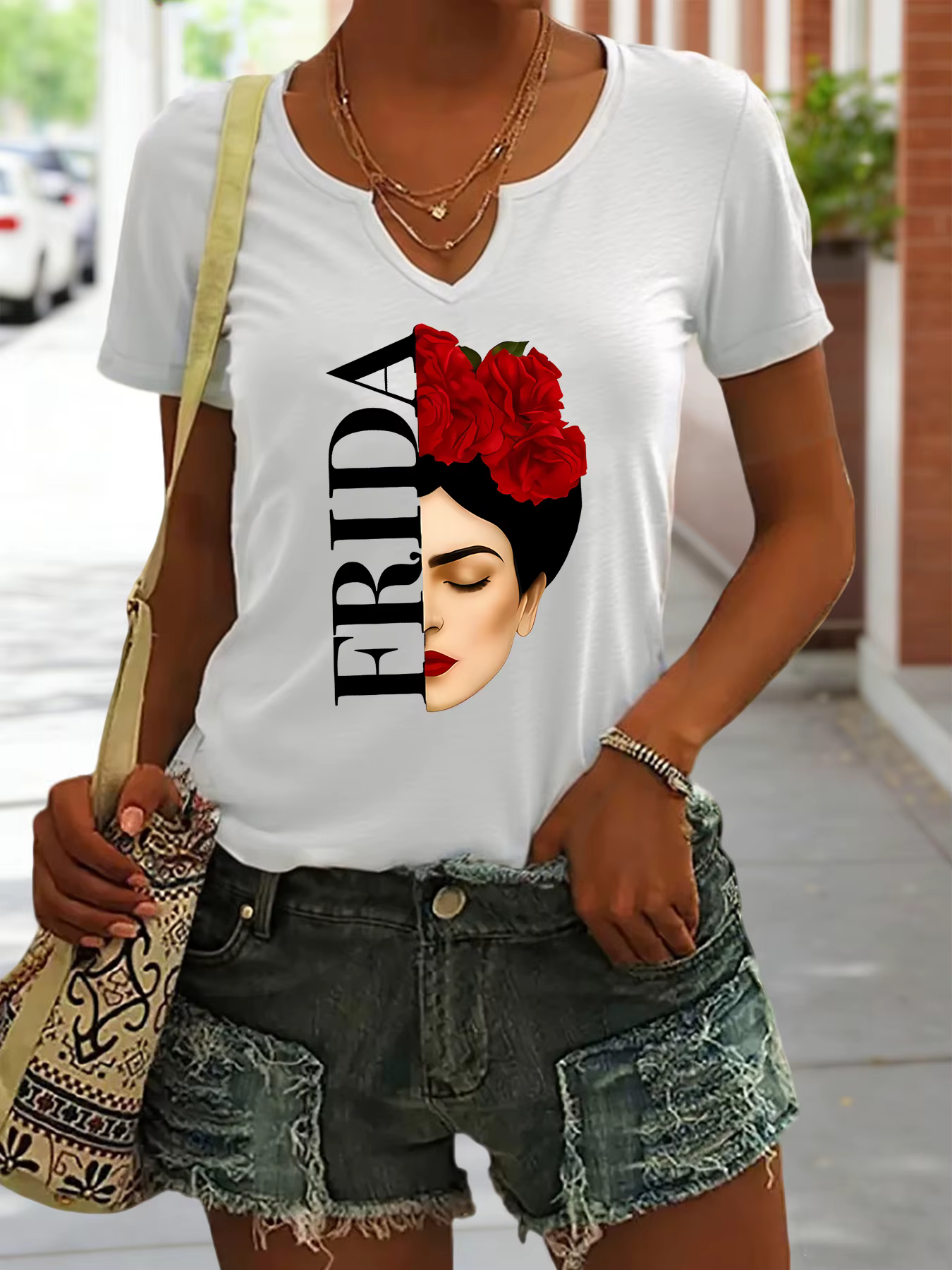 T-shirt d'été à manches courtes et col en v pour femmes, Frida Kahlo avec imprimé de roses rouges, h