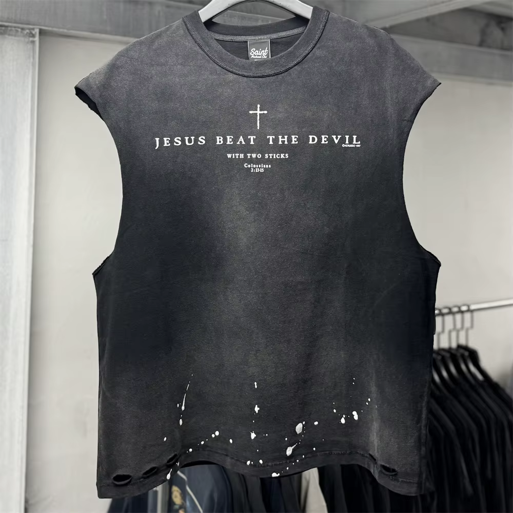 Sans manches Saint trou lavé T-shirt hommes femmes meilleure qualité hauts T-shirt
