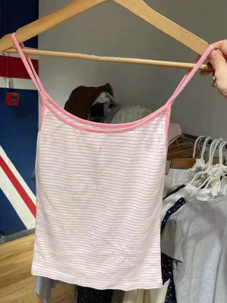 Débardeur Slim rayé rose doux pour femme, haut court, Sexy, mignon, sans manches, Camis en coton dou