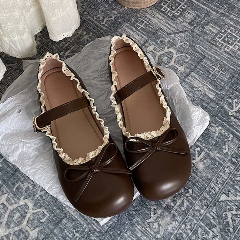 Lolita PU cuir JK chaussures plates nœud dentelle à volants ballerines décontractées semelle souple