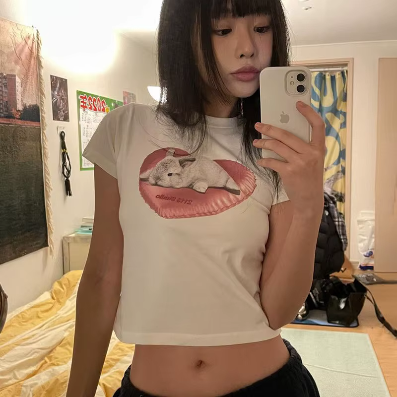 Karr233-T-shirt à manches courtes avec lapin imprimé, streetwear doux, à la mode coréenne, kpop kawa