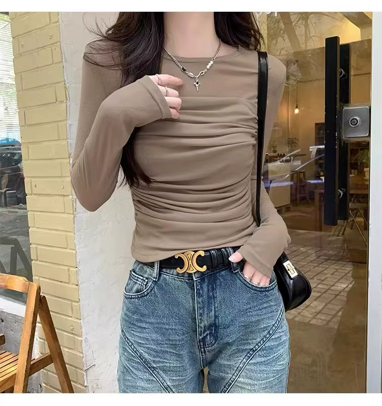 T-shirt à manches longues en maille épissé, vêtements d'intérieur à la mode, doux et beau, chemise à