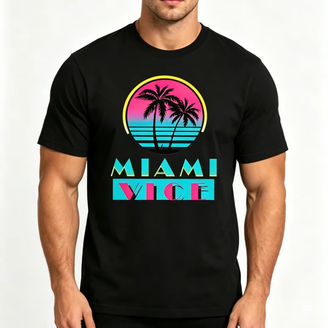 T-shirt tendance pour homme avec motif palmier, style années 80, classique, tropical, col rond, manc