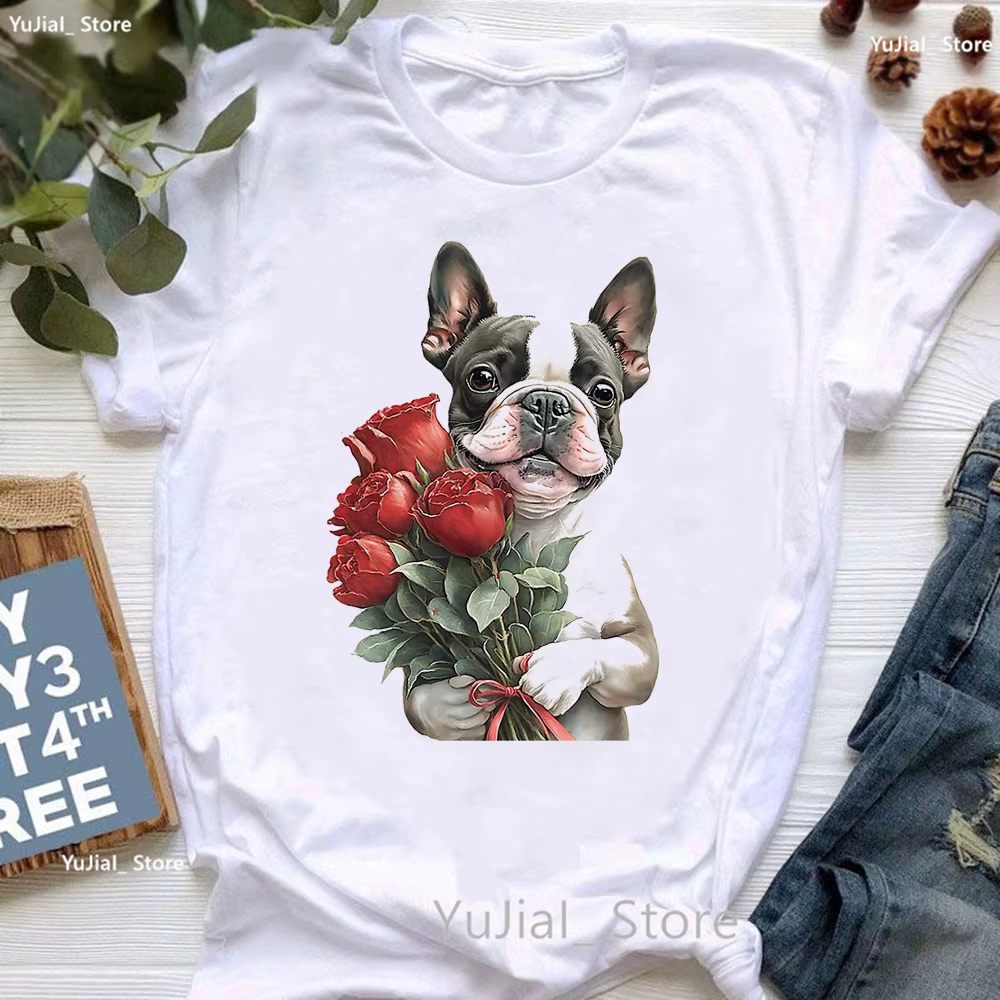 T-shirt imprimé Boston Terrier pour femme, T-shirt imprimé tête de mort et animal, T-shirt pour fill