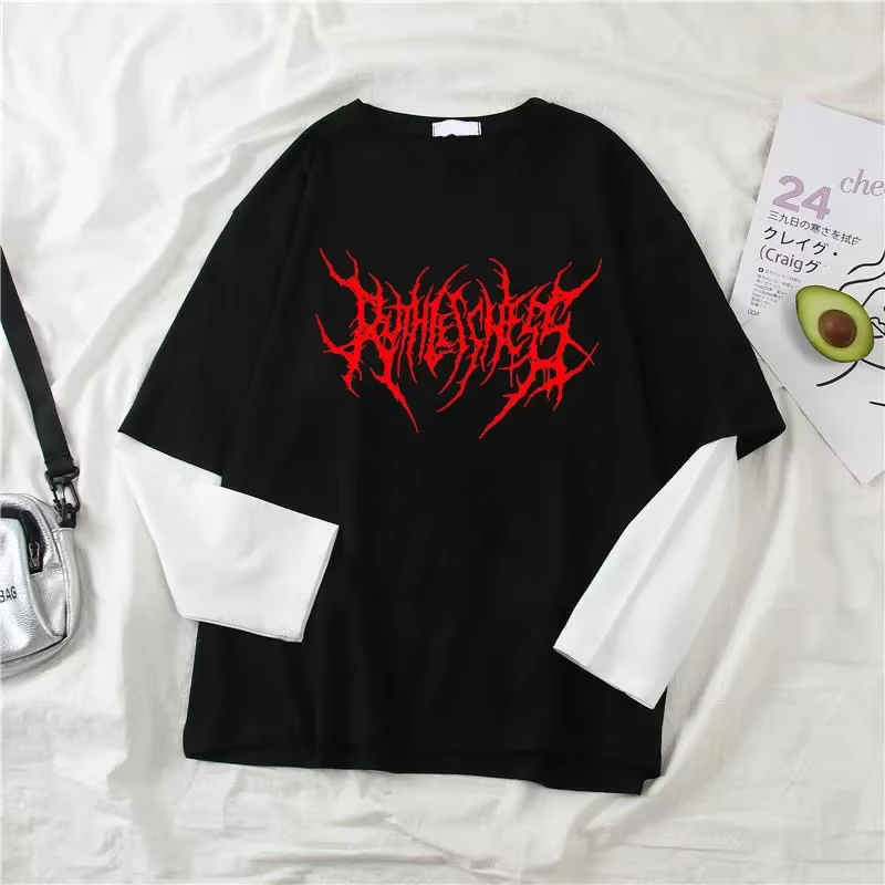Mode Punk Style foncé imprimé col rond T-shirt Y2K Sport Harajuku mince femmes haut manches longues