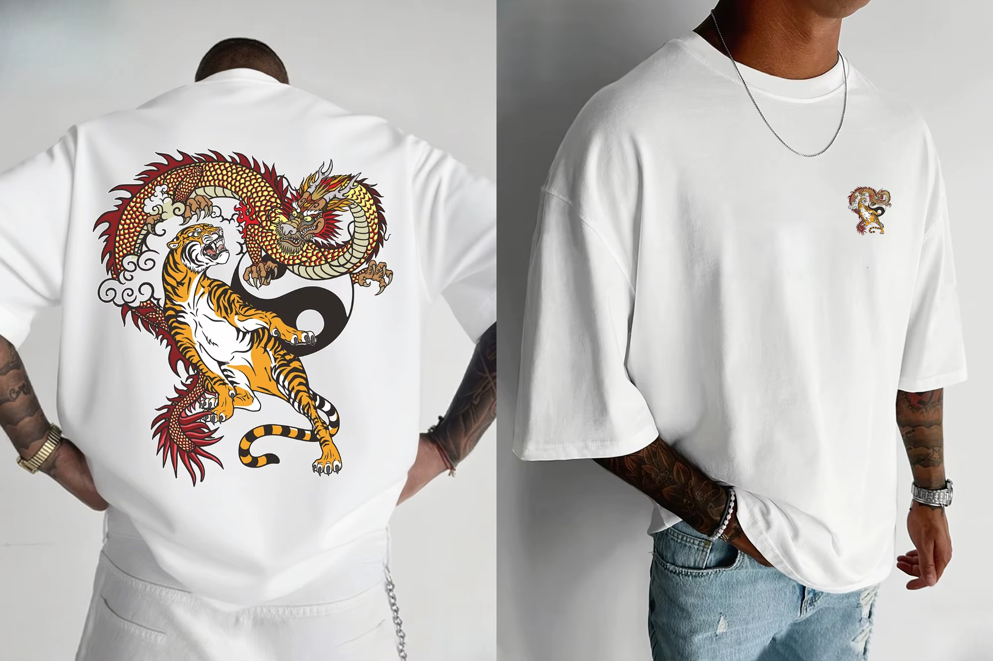 T-shirt pour homme avec impression par transfert thermique « Dragon et Tigre », col rond, lavable en