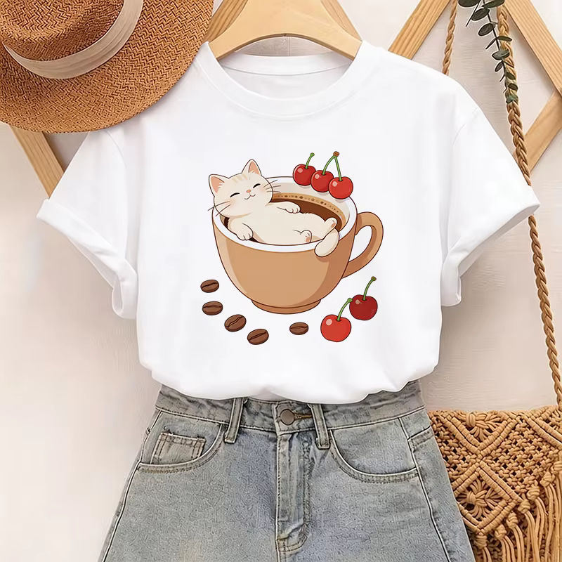 T-shirt drôle pour femme avec imprimé chat mignon, café et cerises, hauts graphiques décontractés po