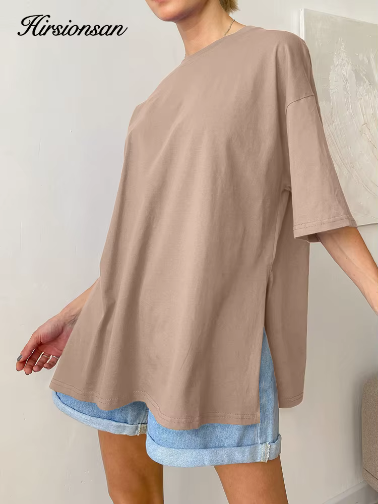 Hirsionsan été surdimensionné coton t-shirt femmes 2023 nouveau ample solide fendu t-shirts décontra