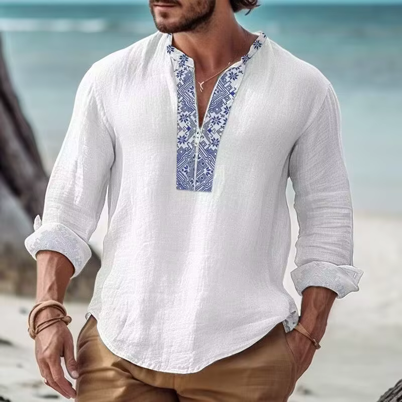 Chemise en coton et lin pour hommes, couleur unie, manches longues, col montant, imprimé sur la poit