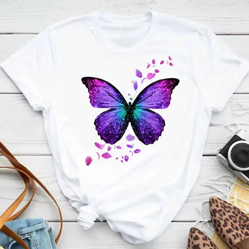 Nouvelle mode femmes T-shirt coloré papillon pétale imprimé à manches courtes et col rond mignon gra