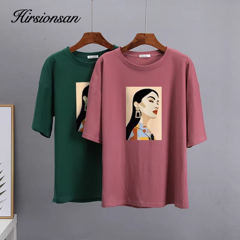 Hirsionsan – t-shirt en coton imprimé pour femme, haut Chic, ample, décontracté, esthétique, surdime