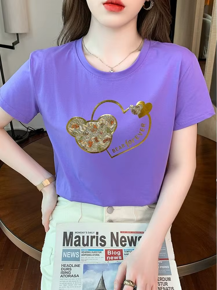 TuangBiang-T-shirt manches courtes col rond pour femme, estival et décontracté, en coton, violet, av