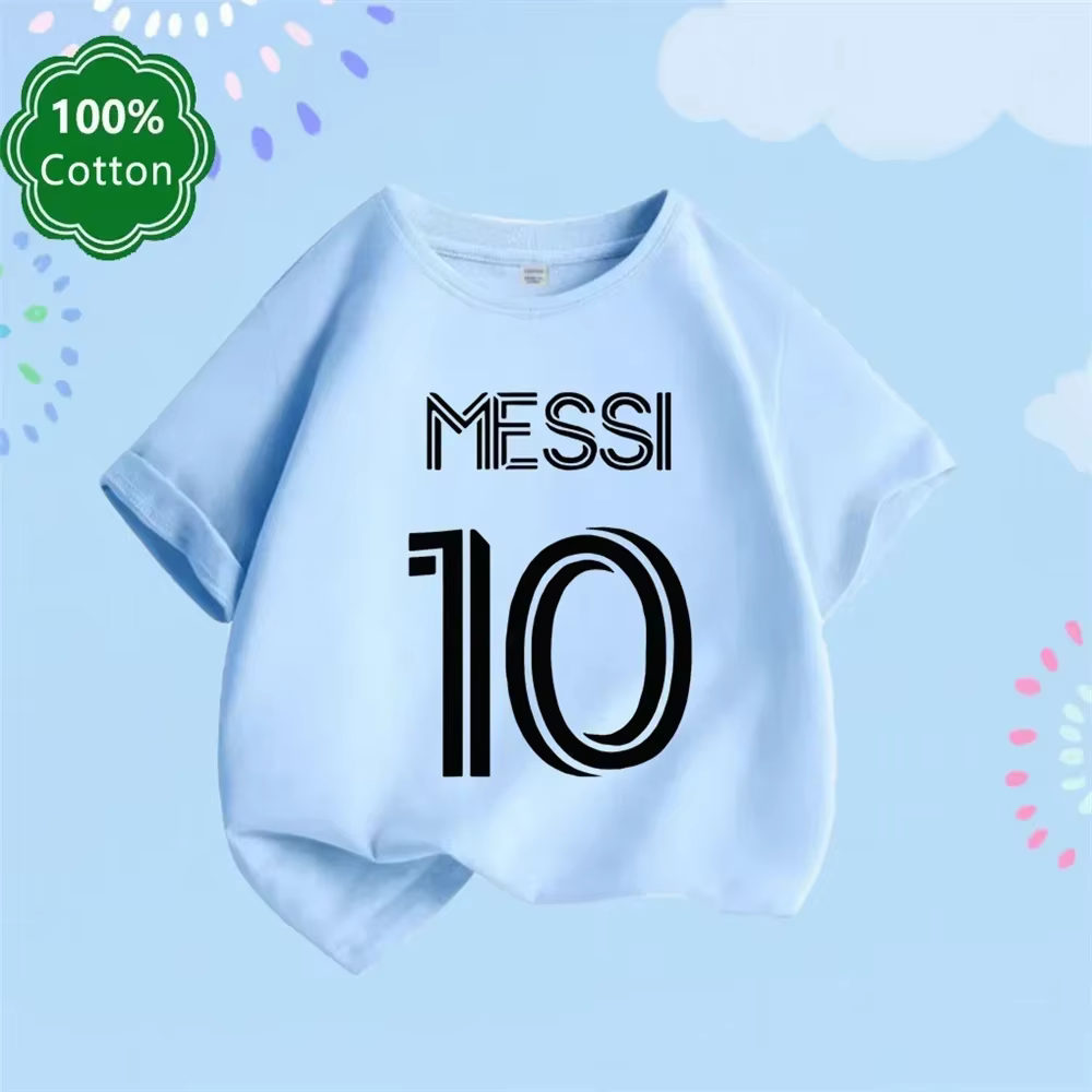 T-shirt en coton pour enfants de football imprimé simple Messi No. 10 haut de haute qualité, vêtemen