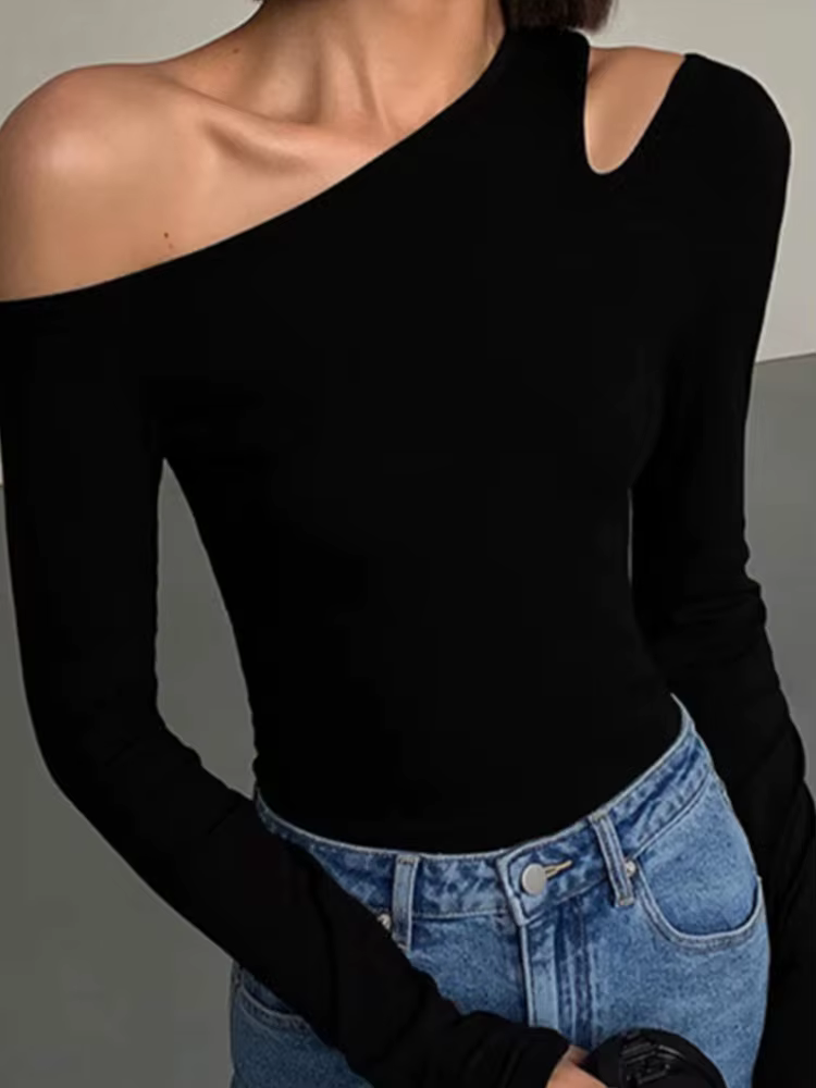 Mode col incliné épaules dénudées à manches longues T-shirts femmes printemps nouveau solide coupe a
