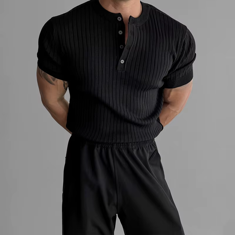 T-shirt Henley côtelé à manches courtes pour homme, coupe ajustée, décontracté, respirant, idéal pou