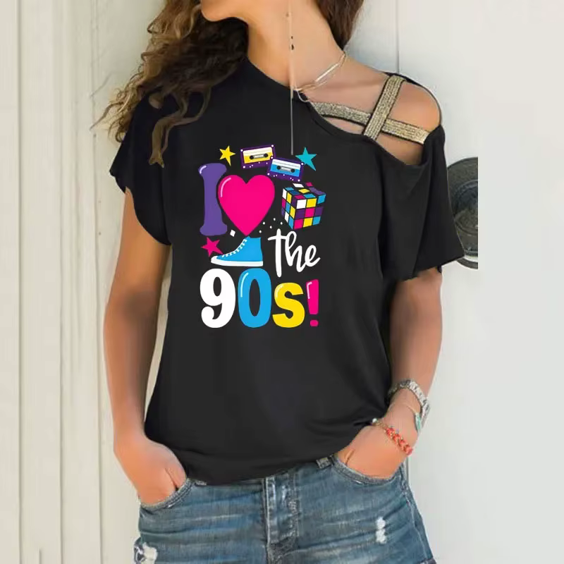 T-shirt femme rétro 90 dessin animé, 80 ans, 1980, vintage, court, irrégulier, biais, croix, bandage
