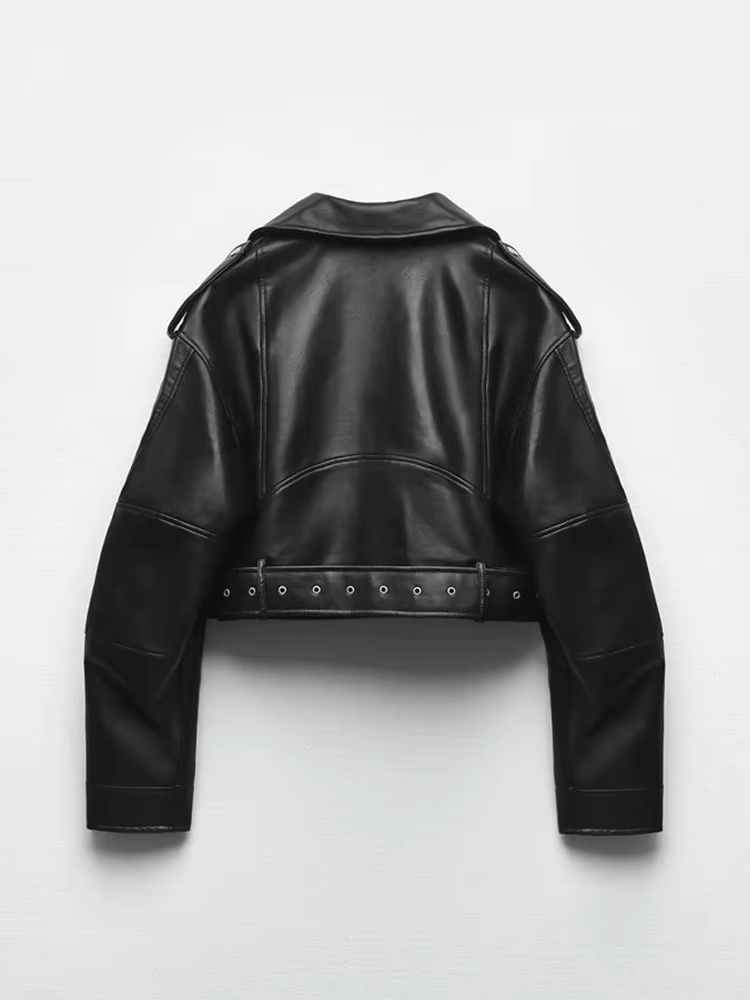 Ailegogo printemps automne femmes Faux cuir Pu veste courte avec ceinture moto motard femme fermetur