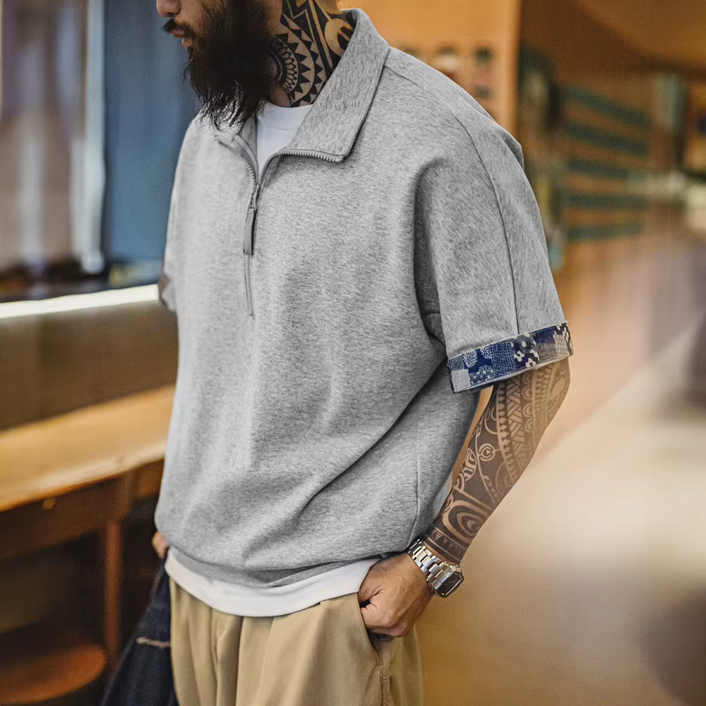 Maden Vintage Boro Style demi-zip manches courtes Polo hommes été Indigo teint imprimé col ample T-S