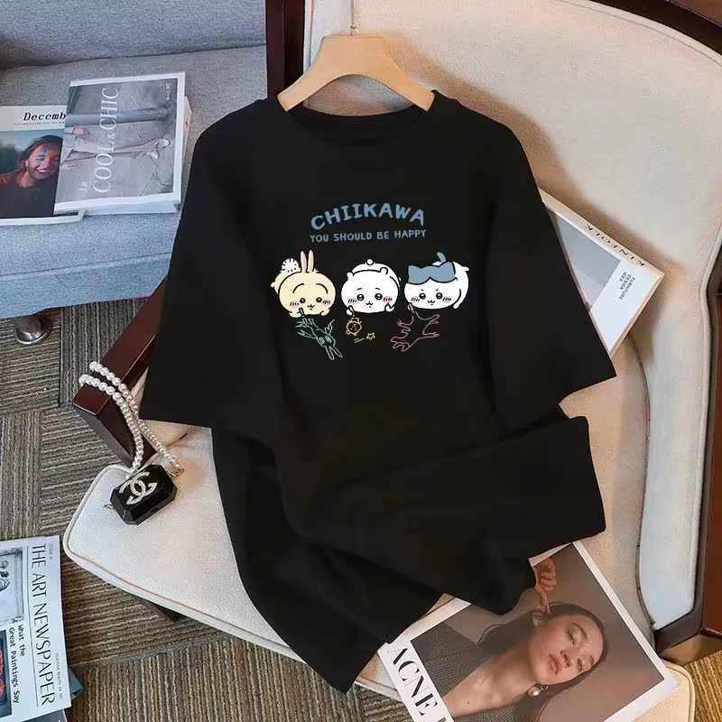 T-shir femme Chiikawa dessin animé imprimé 100% coton manches courtes col rond femme T-shirt à la mo