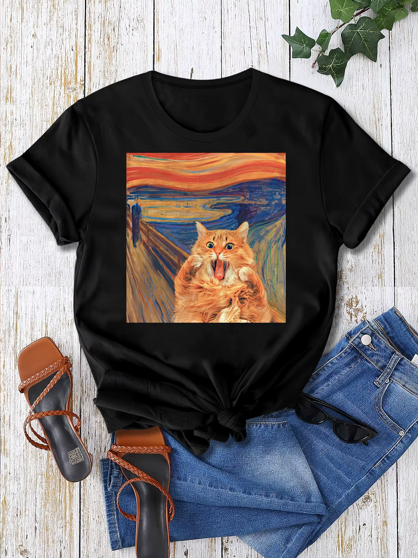 T-shirt à manches courtes imprimé chat effrayant vintage pour femmes, haut en coton, col rond, class