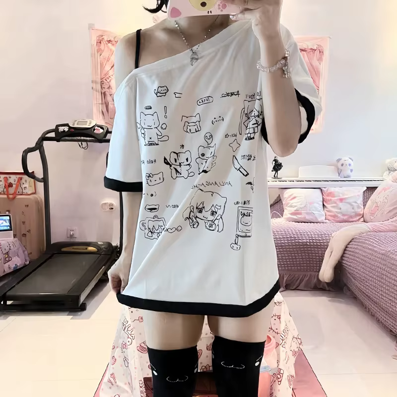 Japonais Y2k sous-culture mignon T-shirt épaules dénudées blanc à manches courtes été T-shirt femme 