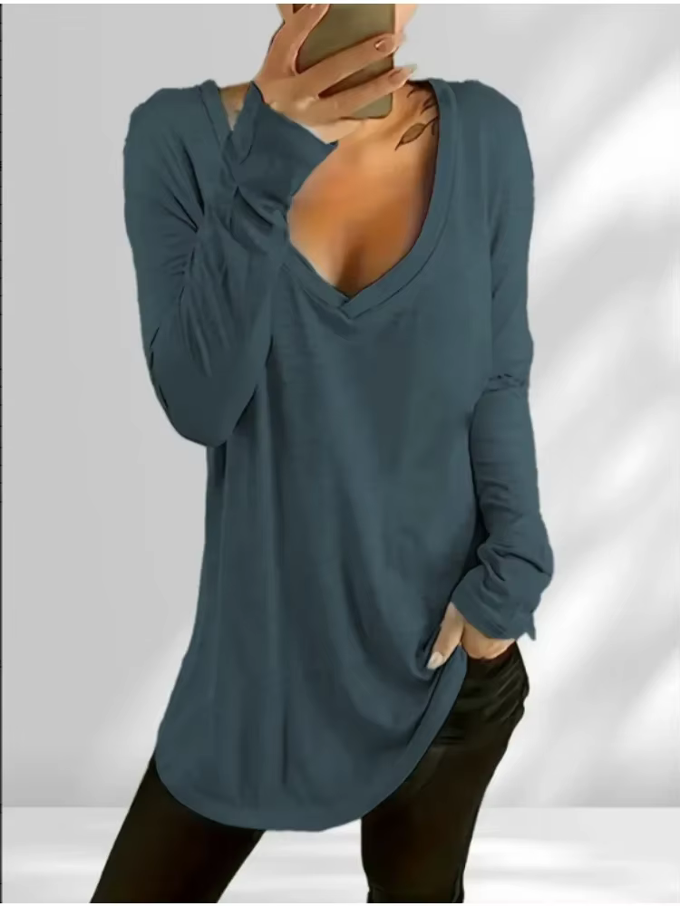 T-shirt uni à col en V pour femme, manches longues, vêtements décontractés pour femme, mode simple, 