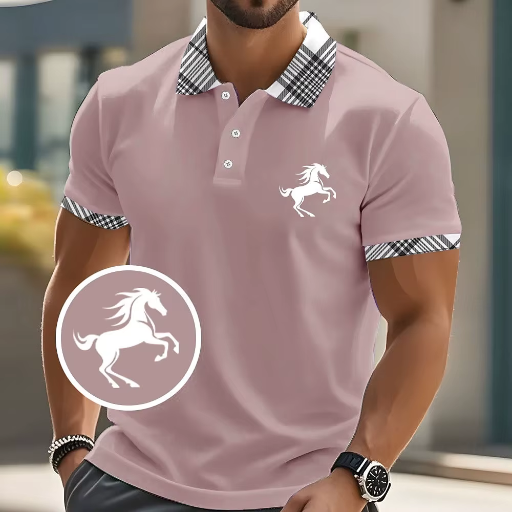 Chemises polo à manches courtes pour hommes, motif animalier cheval, col classique, pour affaires, d