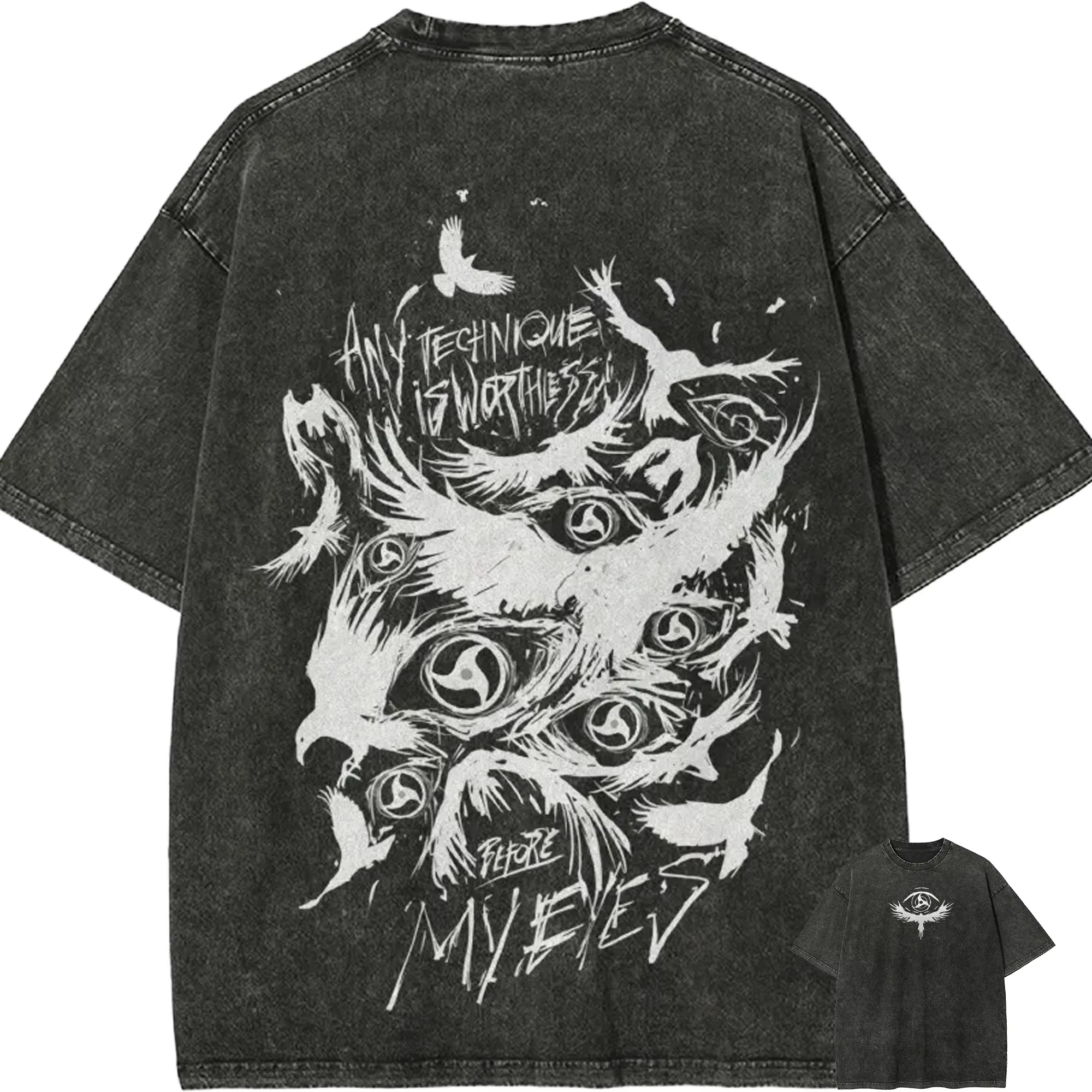 T-shirt Naruto Itachi Uchiha Sharingan Crow Vintage Acid Wash Streetwear Oversized Rétro Anime Graph