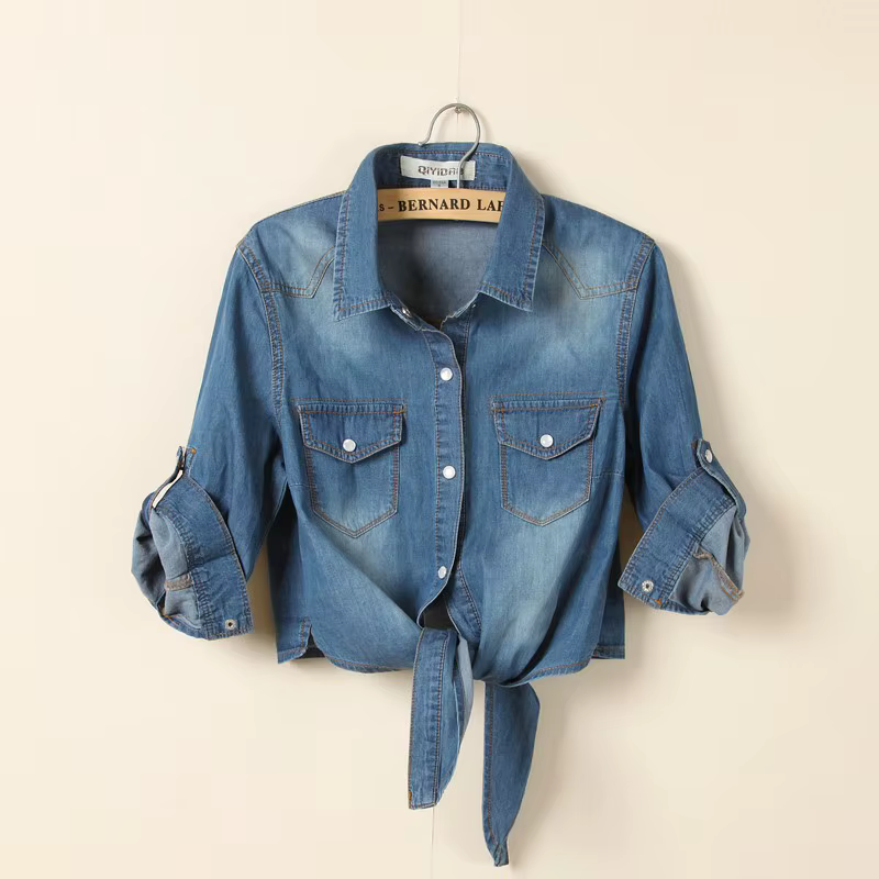 # Chemise en jean courte à manches courtes pour femme, col rabattu, coupe ajustée, simple boutonnage
