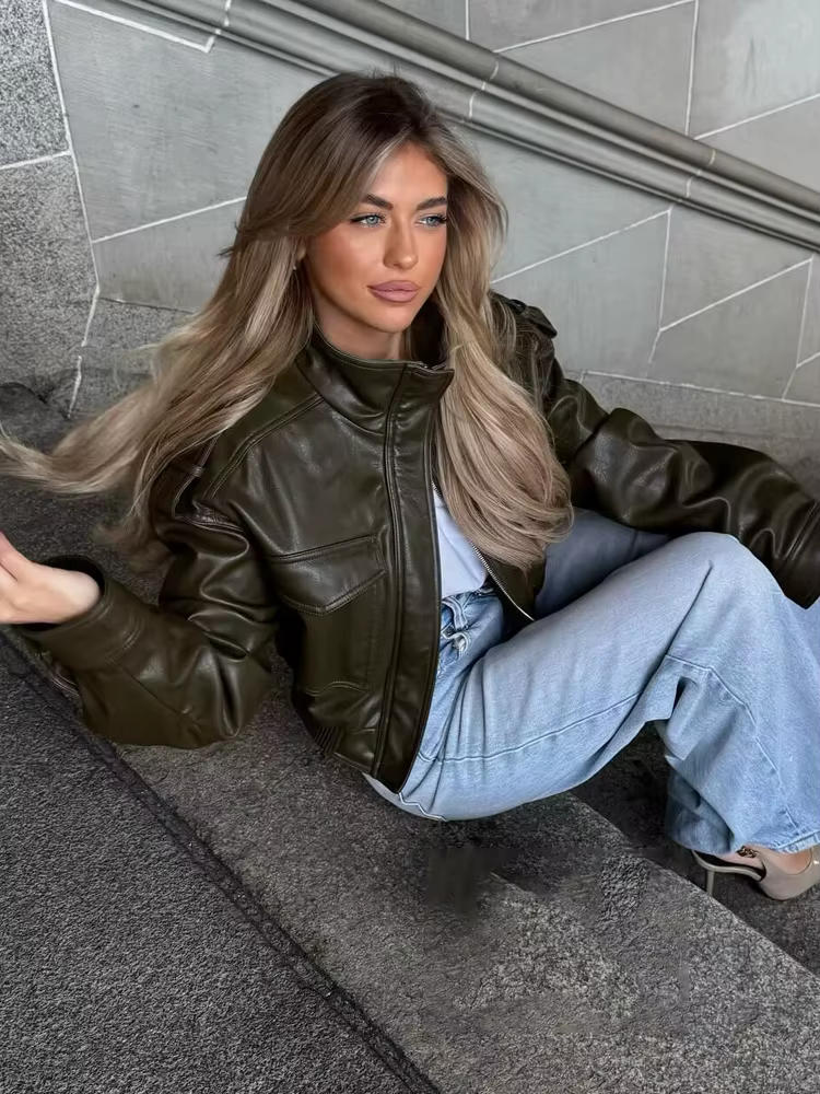 HH mode printemps femmes Faux cuir recadrée veste 2026 Vintage col rabattu fermeture éclair manches