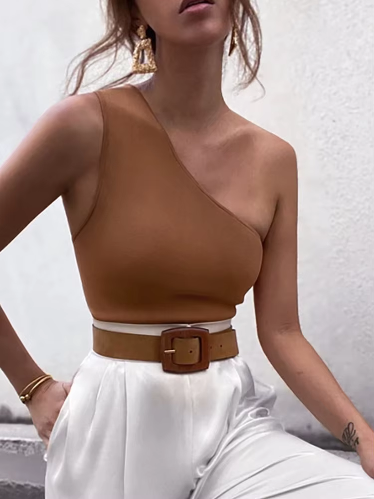 Débardeur de sport pour femmes, haut court Sexy, gilet décontracté, asymétrique épaule dénudée, tenu