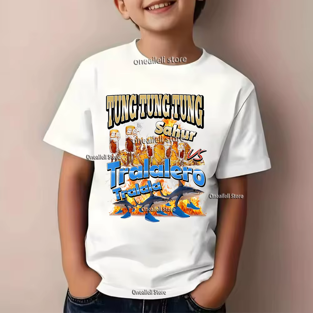 Été italien Brainrot enfants T-shirt drôle Tralalero Tralalas Tung Sahur manches courtes Bombardiro