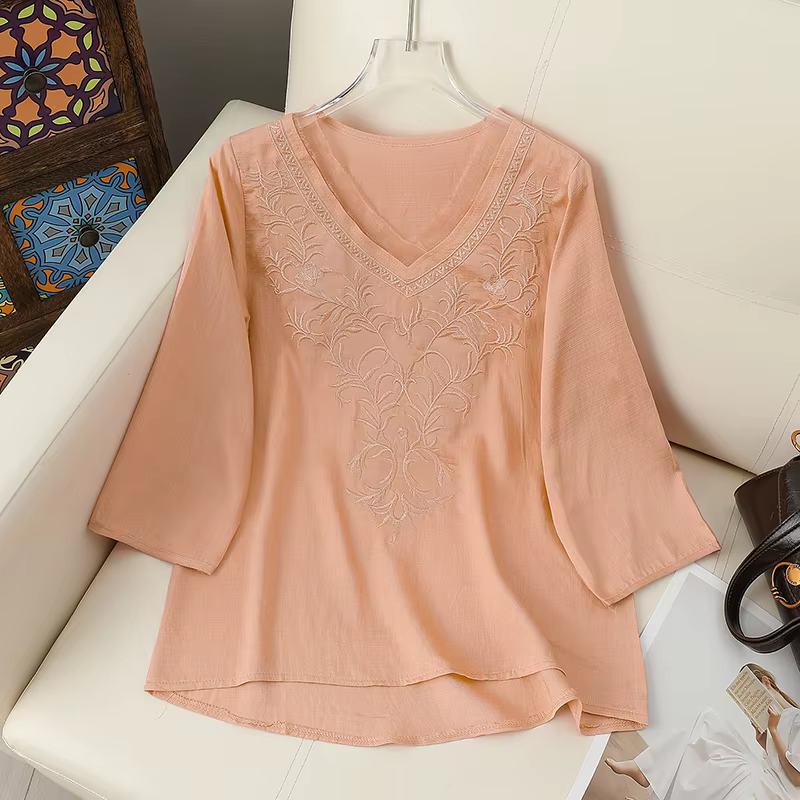 T-shirt brodé pour femme, pull ample à col rond, chemise fine à manches trois-quarts, haut en coton