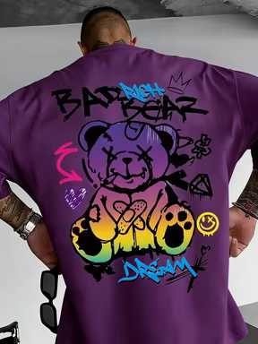 T-shirt à col rond personnalisé avec imprimé graffiti à motif d'ours, en coton pur pour hommes et fe