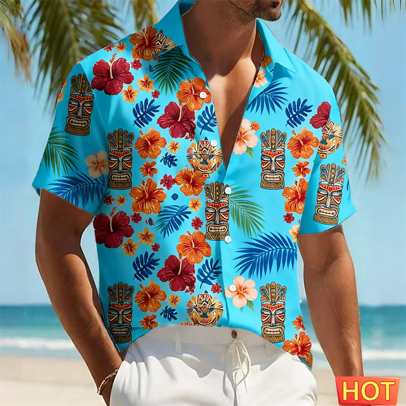 Chemise hawaïenne Tiki pour homme, imprimé floral tropical et masque tribal, décontractée, à manches