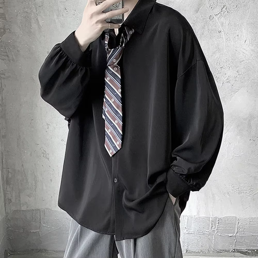 Chemises à manches longues pour hommes de Style coréen cravate noire confortable décontracté solide