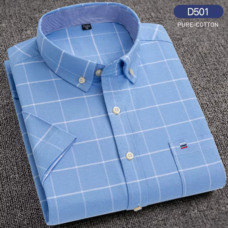 Chemises décontractées d'été pour hommes Oxford manches courtes col carré solide Plaid rayé poche un
