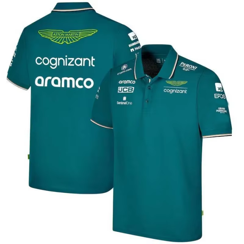 Aston Martin Racing Team Training Street Style Button Polo Shirt Fernando Alonso 14 Vêtements à manc