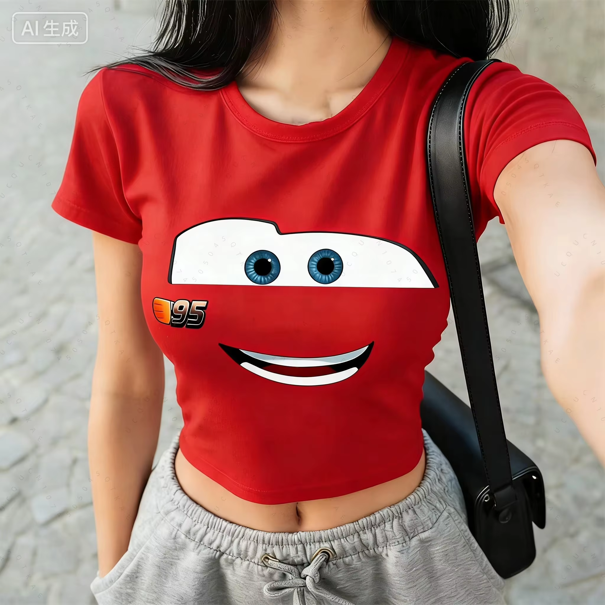 Nouveau T-shirt assorti pour couples, motif voiture rouge McQueen, collection été 2026 – Crop top fe