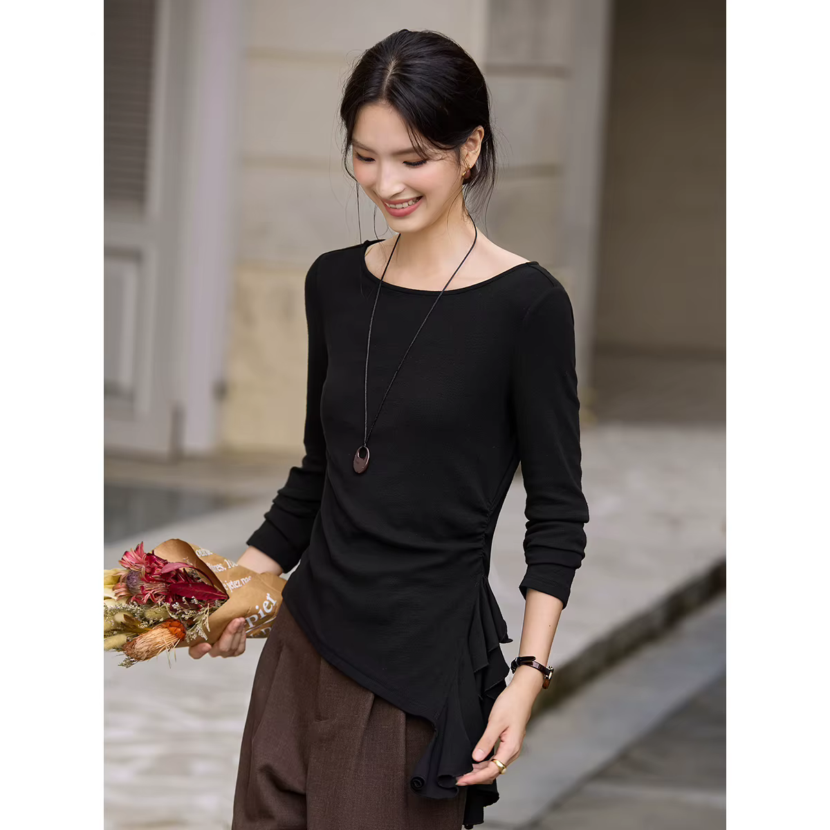 T-shirts asymétriques VIMLY pour femme, tricotés, décontractés, à manches longues, col bateau, colle