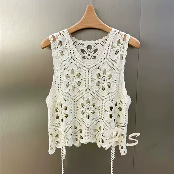Débardeur en Crochet pour femmes, broderie florale, transparent, ajouré, sans manches, style Boho, t