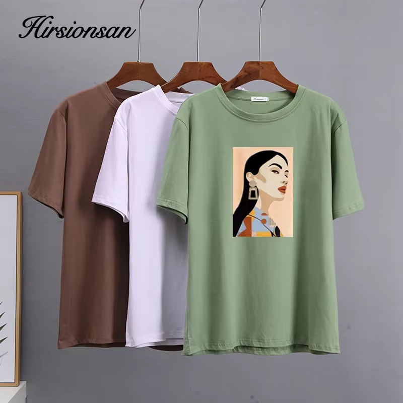 Hirsionsan – t-shirt en coton imprimé pour femme, haut Chic, ample, décontracté, esthétique, surdime